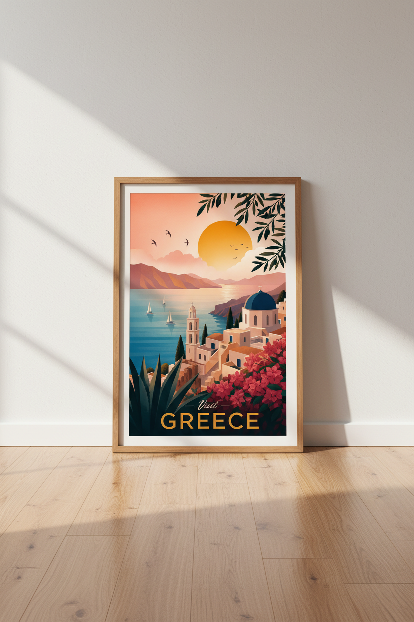 Greece Travel Poster | Santorini Sunset Minimalist Print, Mediterranean Decor