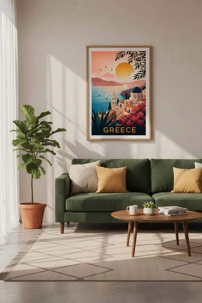 Greece Travel Poster | Santorini Sunset Minimalist Print, Mediterranean Decor