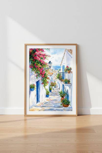 Mediterranean Alley Watercolor | Greek Island Art, Coastal Wall Decor
