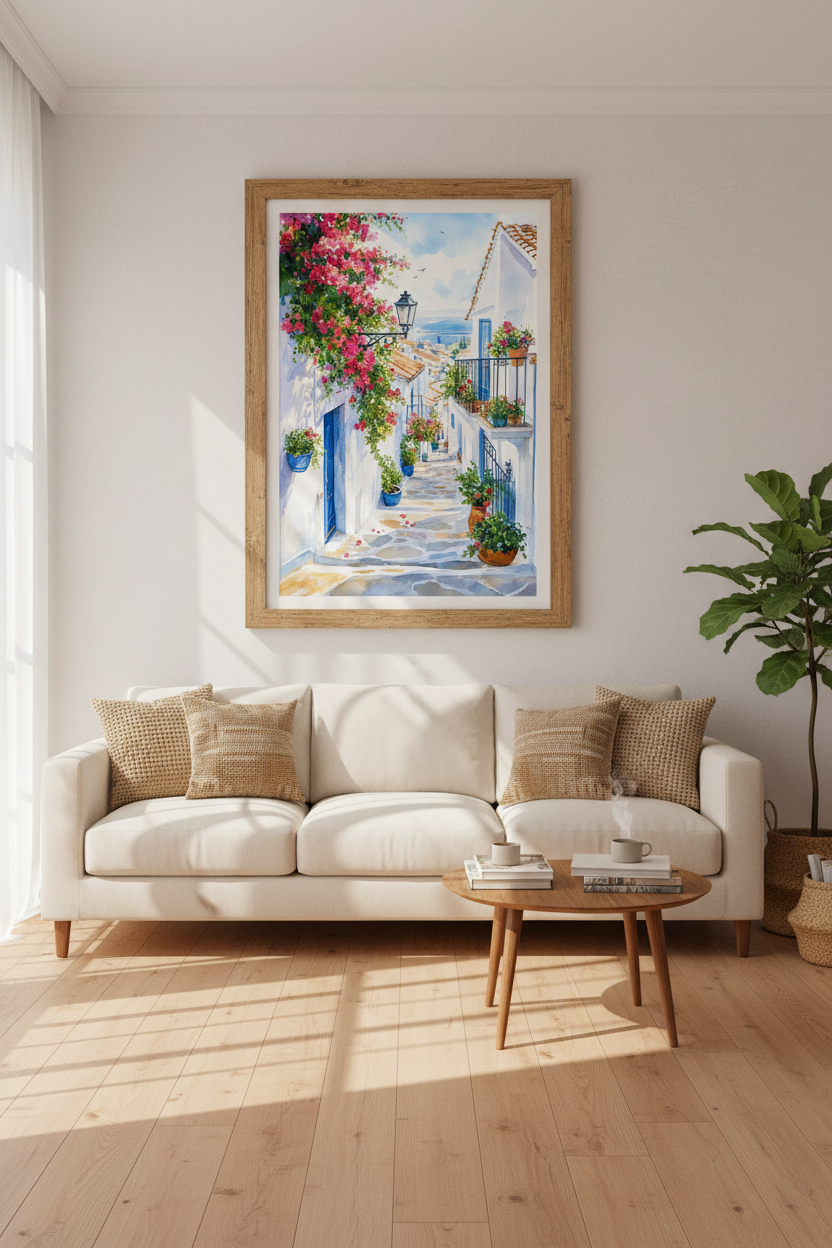 Mediterranean Alley Watercolor | Greek Island Art, Coastal Wall Decor