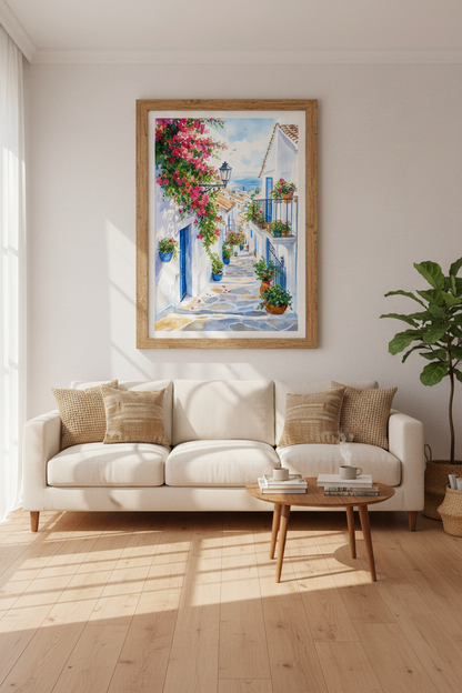 Mediterranean Alley Watercolor | Greek Island Art, Coastal Wall Decor