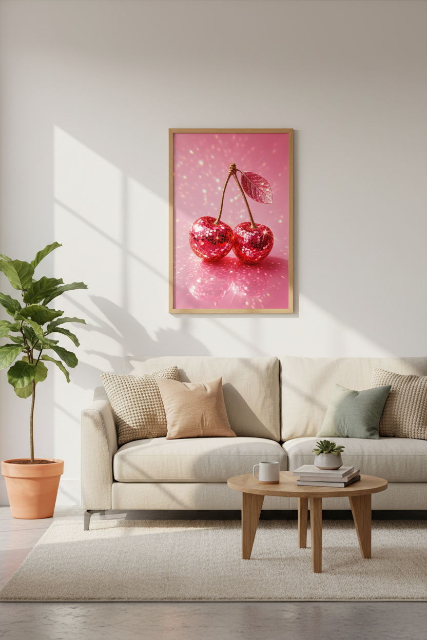 Pink Disco Cherry Wall Art Print | Preppy Room Decor | Glitter Aesthetic Poster