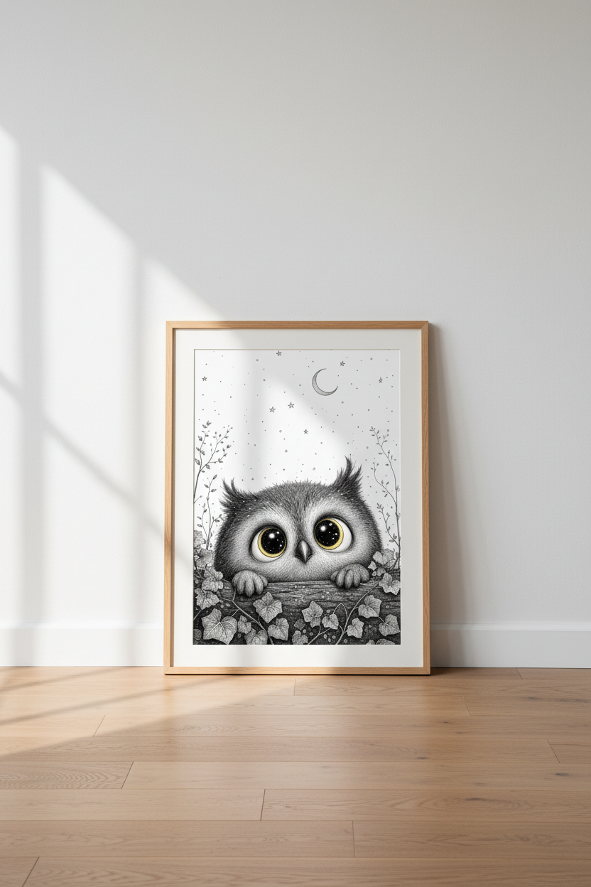 Whimsical Owl Wall Art | Starry Night Forest Decor | Black &amp; White Poster