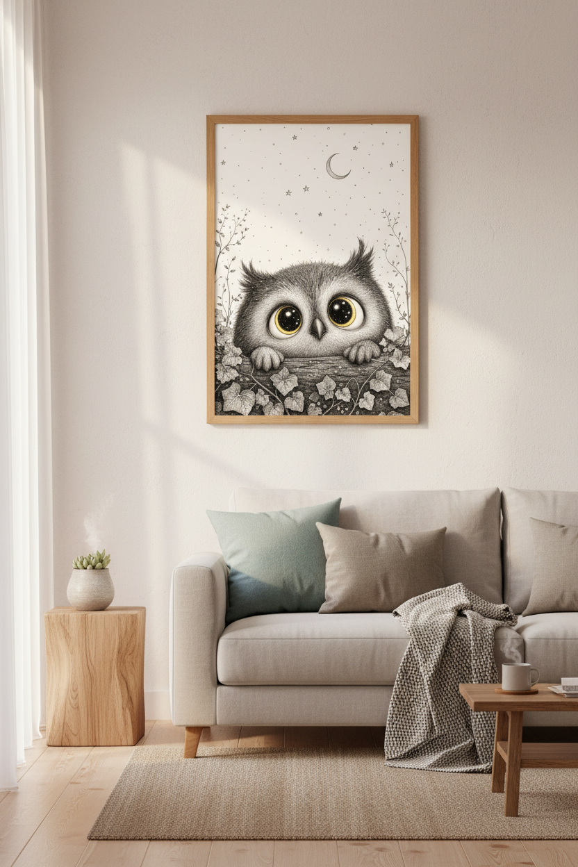 Whimsical Owl Wall Art | Starry Night Forest Decor | Black &amp; White Poster