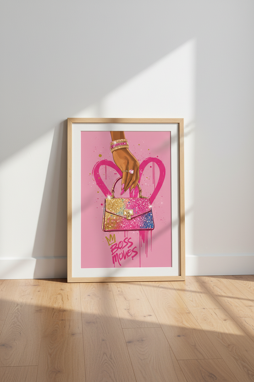 Boss Moves Fashion Wall Art | Glam Pink Glitter Handbag, Dressing Room Decor