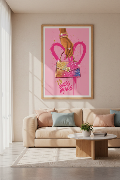 Boss Moves Fashion Wall Art | Glam Pink Glitter Handbag, Dressing Room Decor