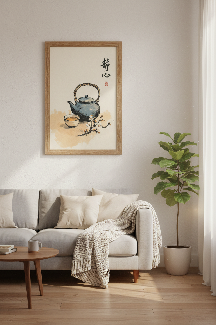 Japanese Teapot Ink Wall Art | Zen Kitchen Decor | Wabi Sabi Poster
