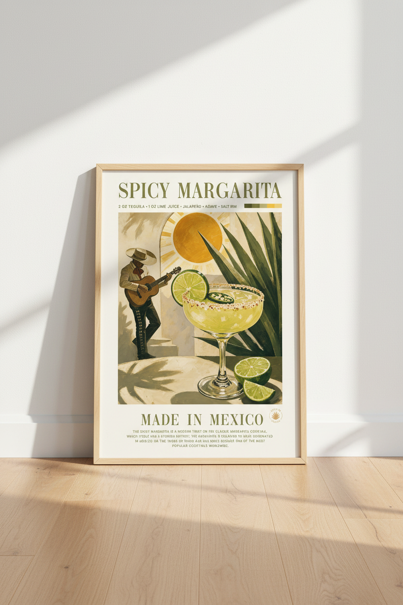 Spicy Margarita Cocktail Art Print | Retro Kitchen Decor | Mexican Bar Poster