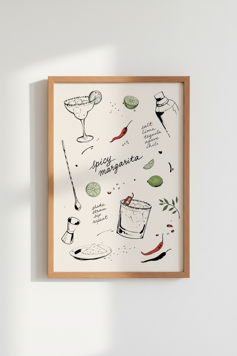 Spicy Margarita Cocktail Art | Kitchen Bar Cart Decor | Minimalist Poster