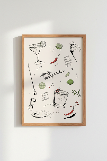Spicy Margarita Cocktail Art | Kitchen Bar Cart Decor | Minimalist Poster