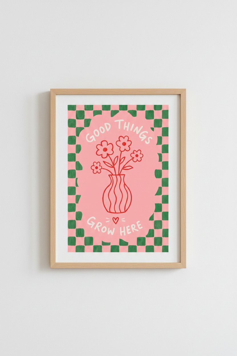 Good Things Grow Here Flower Print | Pink Green Checkered Poster, Preppy Room Decor