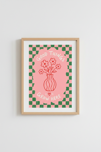 Good Things Grow Here Flower Print | Pink Green Checkered Poster, Preppy Room Decor