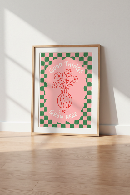 Good Things Grow Here Flower Print | Pink Green Checkered Poster, Preppy Room Decor