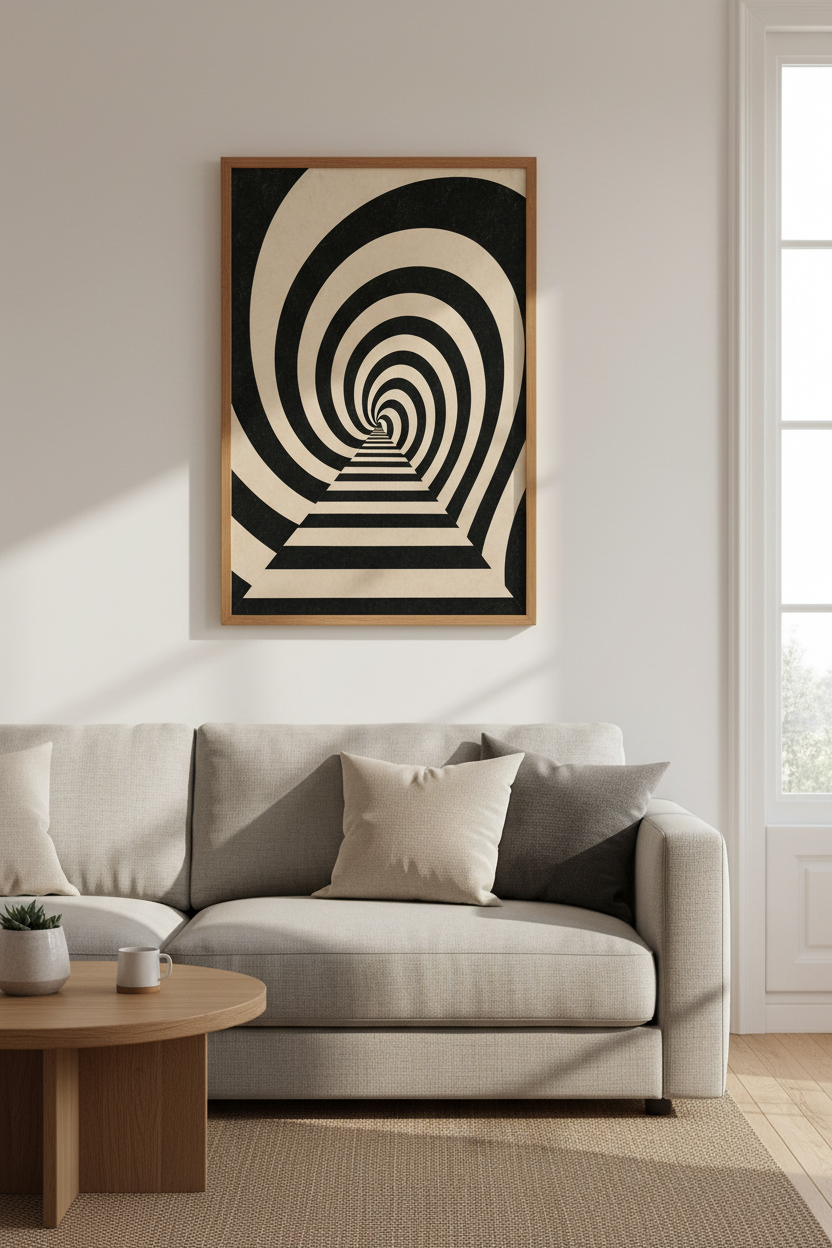 Surreal Spiral Tunnel Wall Art | Cream &amp; Black Illusion, Mid Century Modern Poster