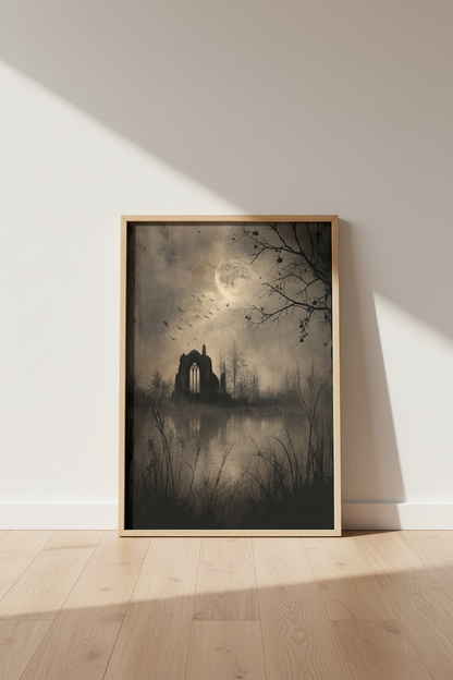 Gothic Horror Wall Art Print | Dark Academia Decor | Moody Ruined Abbey Poster