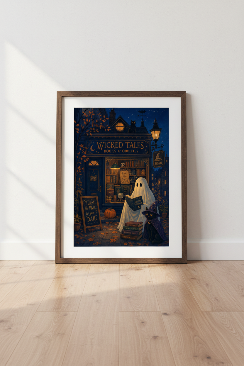 Whimsical Ghost Bookstore Wall Art | Dark Academia Halloween Print, Cozy Witchy Decor