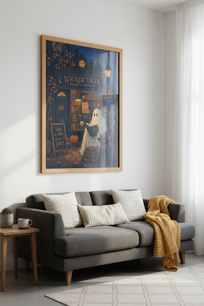 Whimsical Ghost Bookstore Wall Art | Dark Academia Halloween Print, Cozy Witchy Decor