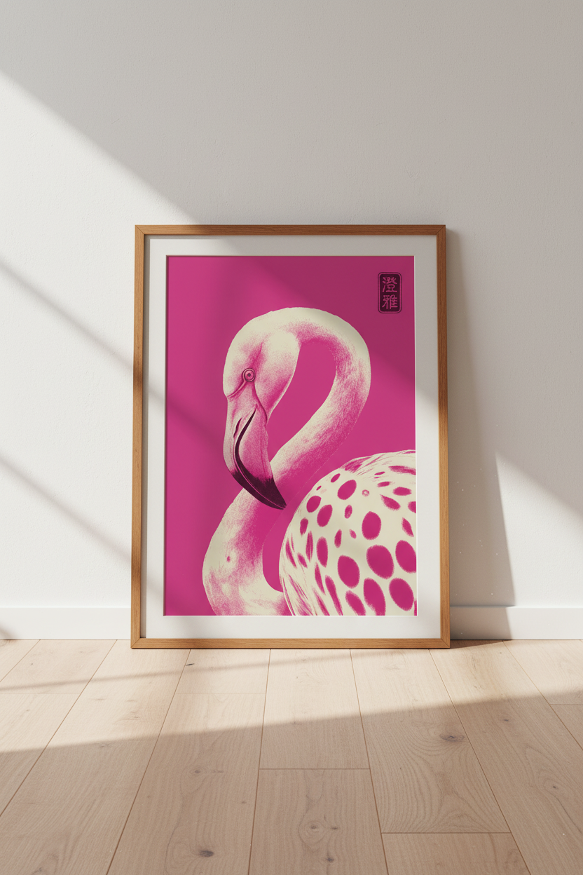 Pink Flamingo Wall Art | Japanese Woodblock Style Bird Decor | Modern Tropical Poster