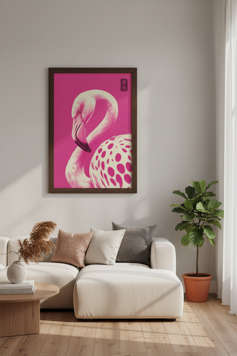 Pink Flamingo Wall Art | Japanese Woodblock Style Bird Decor | Modern Tropical Poster