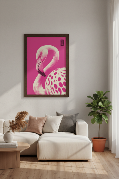Pink Flamingo Wall Art | Japanese Woodblock Style Bird Decor | Modern Tropical Poster