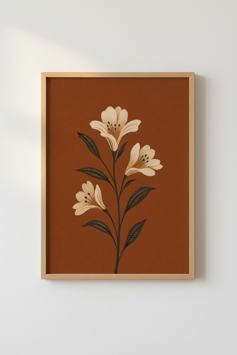 Boho Lily Flower Wall Art | Terracotta Botanical Print, Living Room Decor