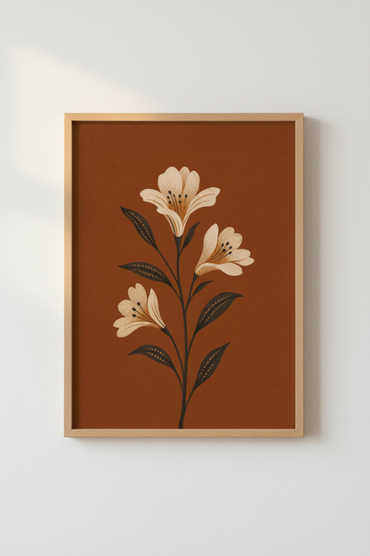 Boho Lily Flower Wall Art | Terracotta Botanical Print, Living Room Decor