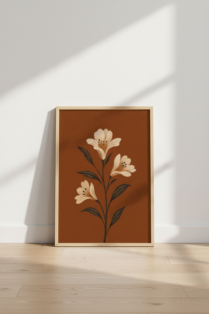 Boho Lily Flower Wall Art | Terracotta Botanical Print, Living Room Decor