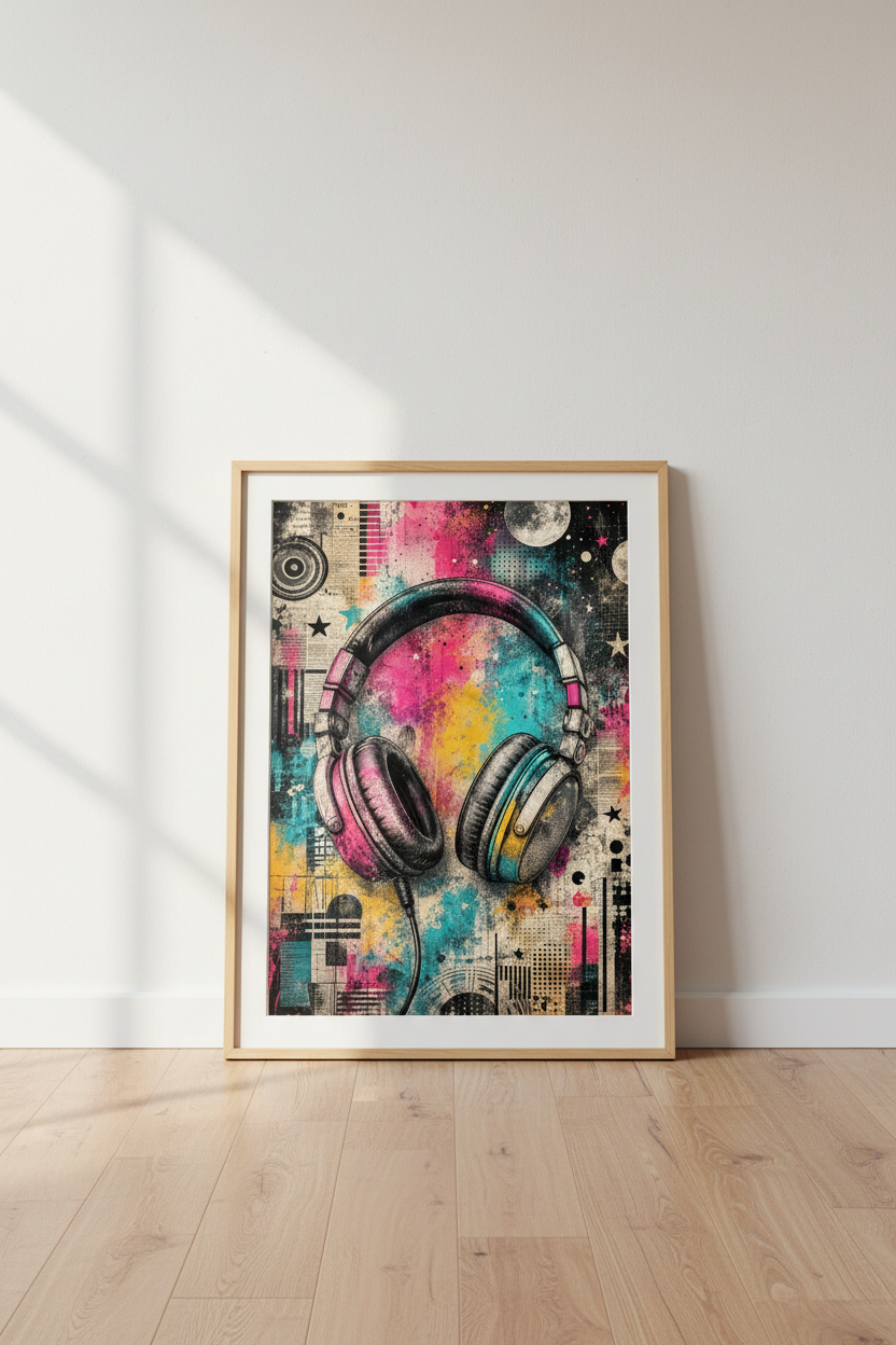 Headphones Graffiti Art | Neon Music Poster, Studio &amp; Gaming Room Decor