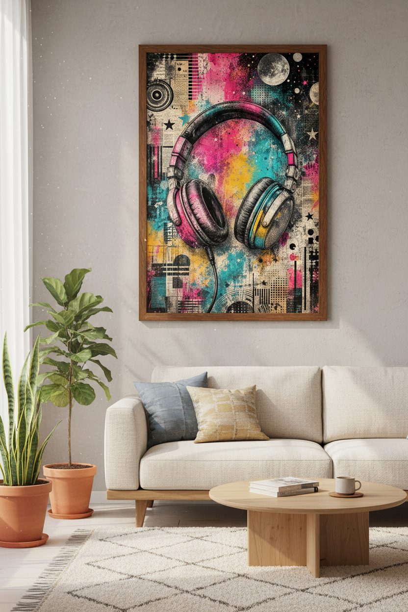 Headphones Graffiti Art | Neon Music Poster, Studio &amp; Gaming Room Decor