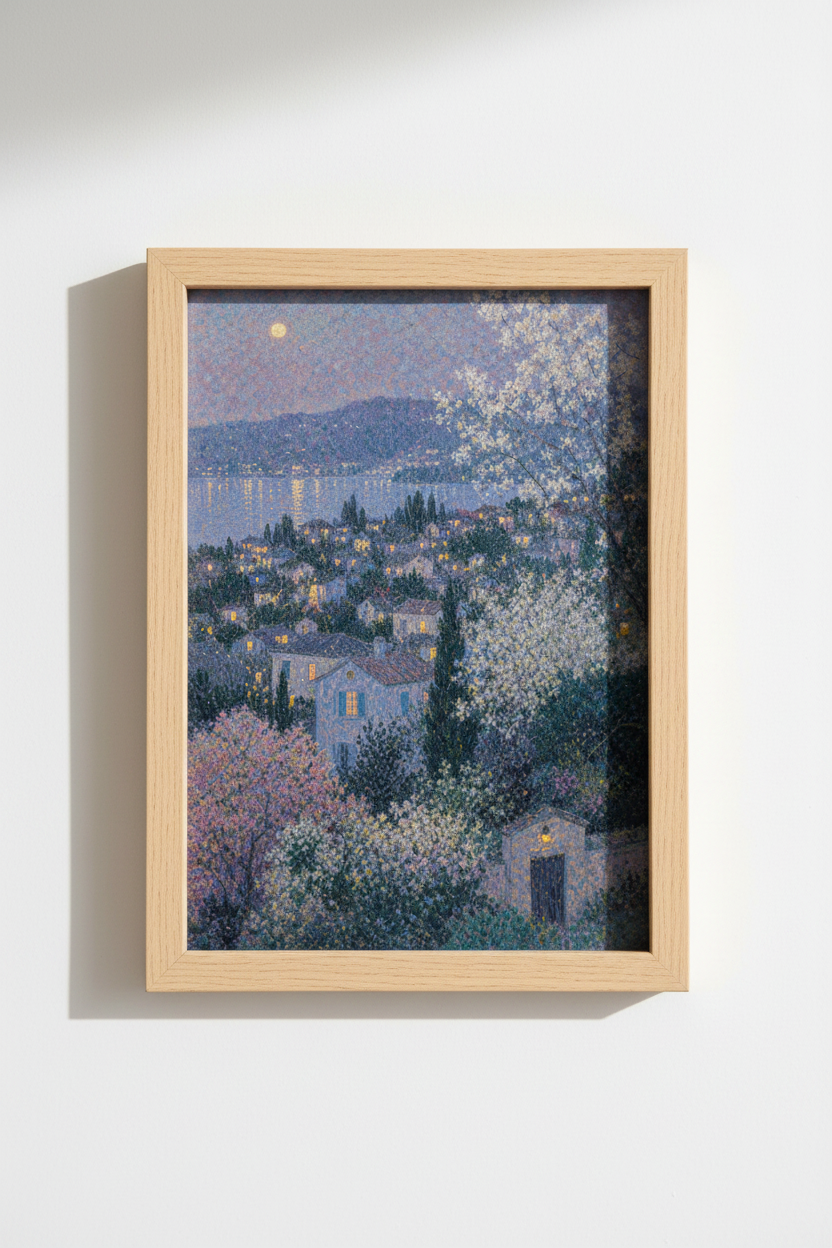 Pastel landscape | Impressionist dusk village, lavender tones | Living room decor