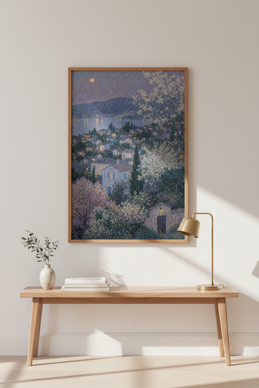 Pastel landscape | Impressionist dusk village, lavender tones | Living room decor