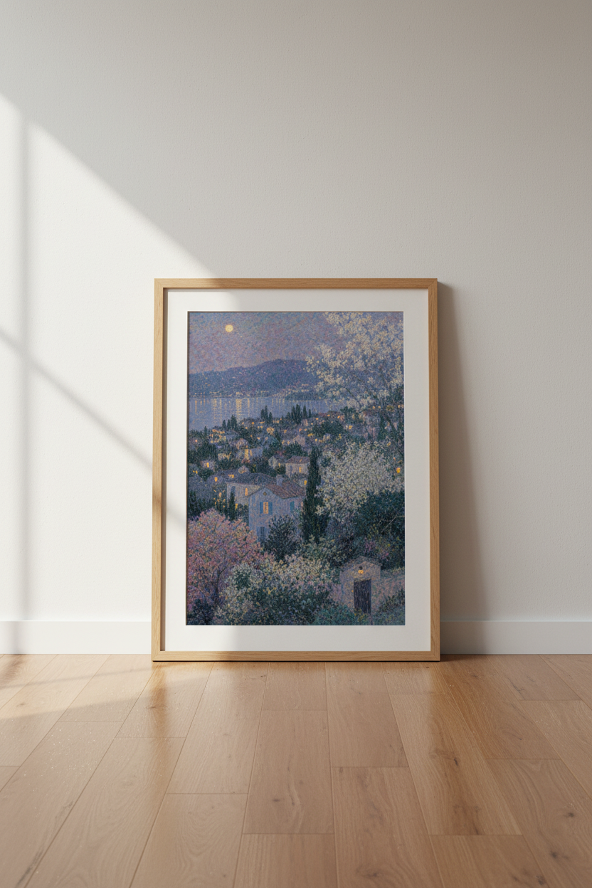 Pastel landscape | Impressionist dusk village, lavender tones | Living room decor