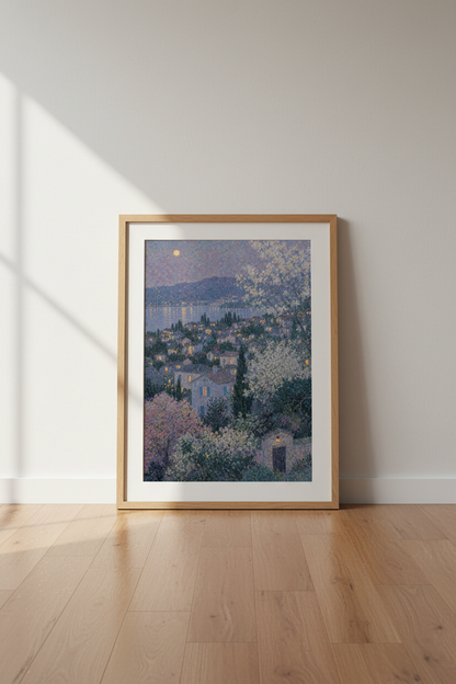 Pastel landscape | Impressionist dusk village, lavender tones | Living room decor