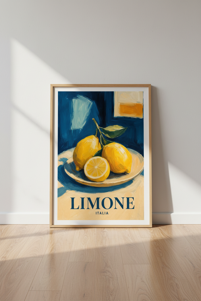 Lemon Kitchen Wall Art | Italian Citrus Fruit Poster, Blue and Yellow Mediterranean Decor