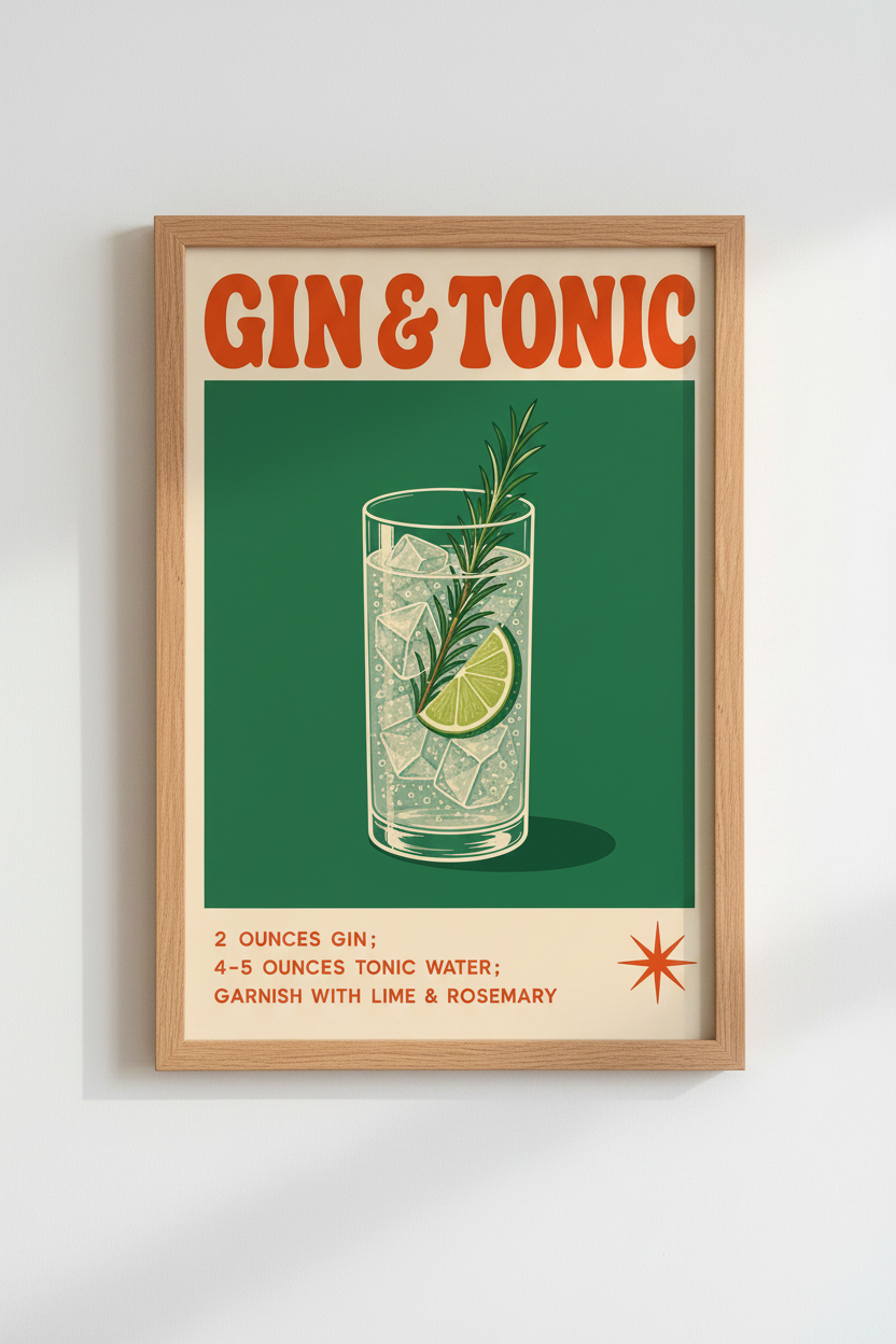 Gin and Tonic Poster | Retro Cocktail Bar Art, Mid-century Kitchen Decor