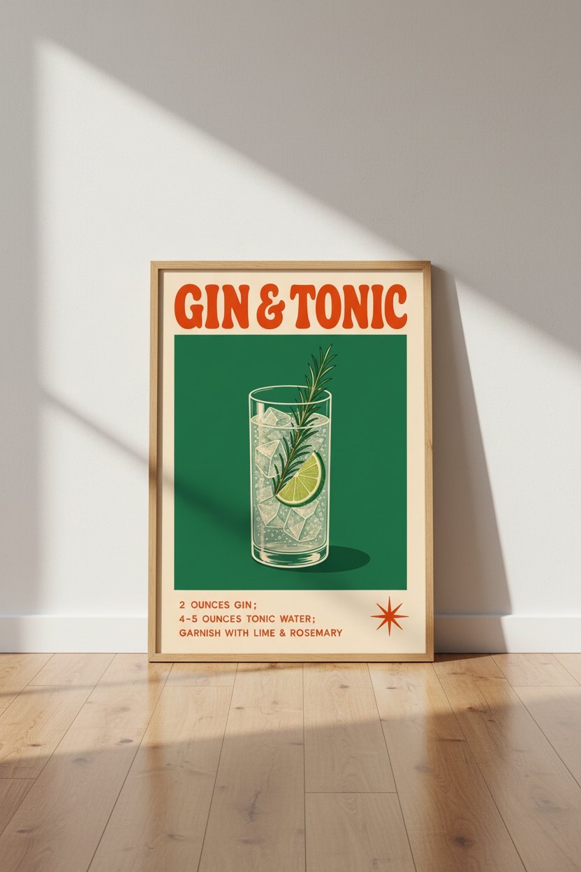 Gin and Tonic Poster | Retro Cocktail Bar Art, Mid-century Kitchen Decor