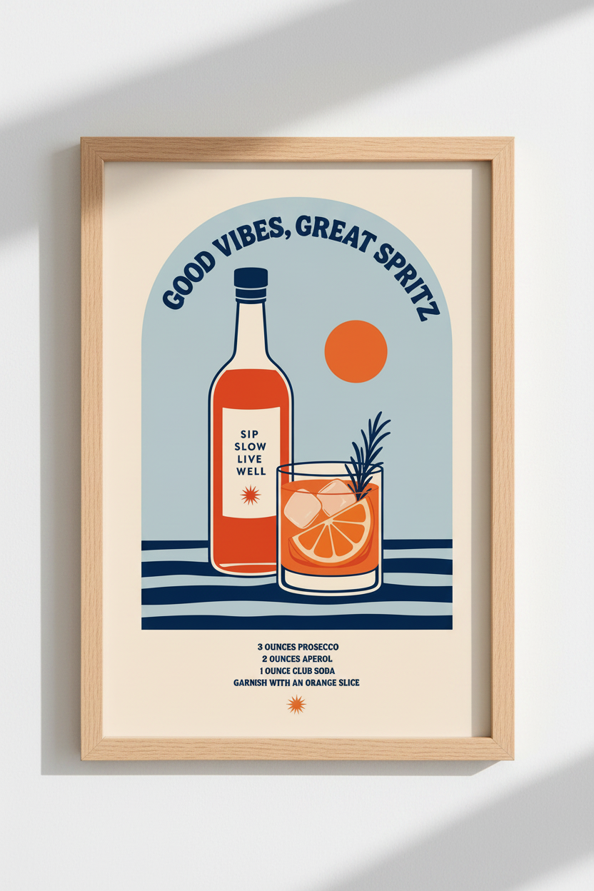 Aperol Spritz Print | Retro Cocktail Recipe Poster, Kitchen Bar Cart Decor