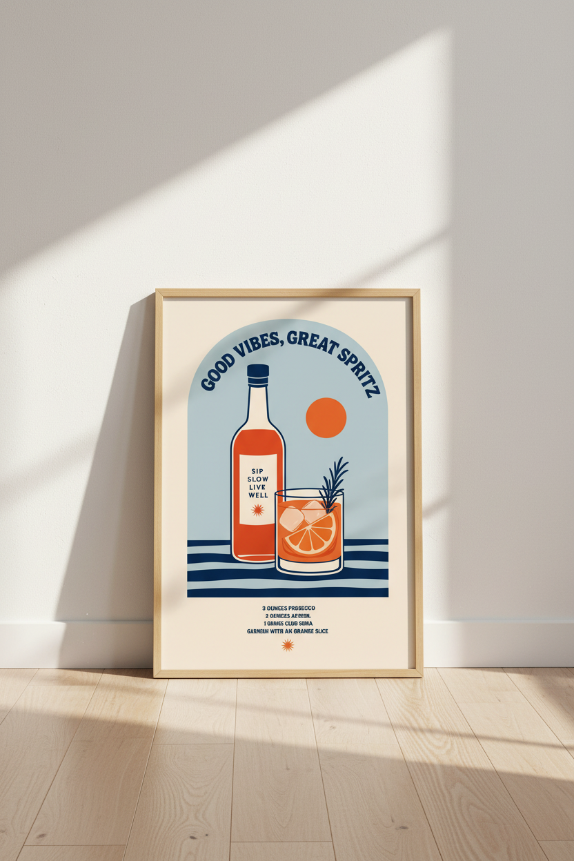 Aperol Spritz Print | Retro Cocktail Recipe Poster, Kitchen Bar Cart Decor