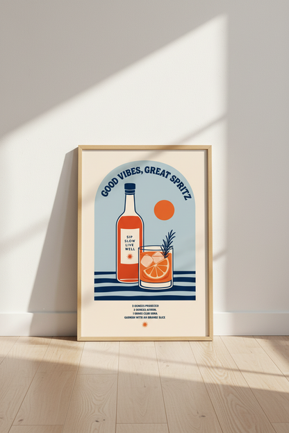 Aperol Spritz Print | Retro Cocktail Recipe Poster, Kitchen Bar Cart Decor