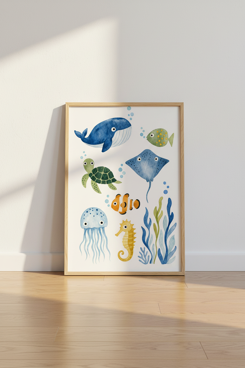 Watercolor Sea Animals Wall Art | Nursery Decor | Blue Coastal Poster