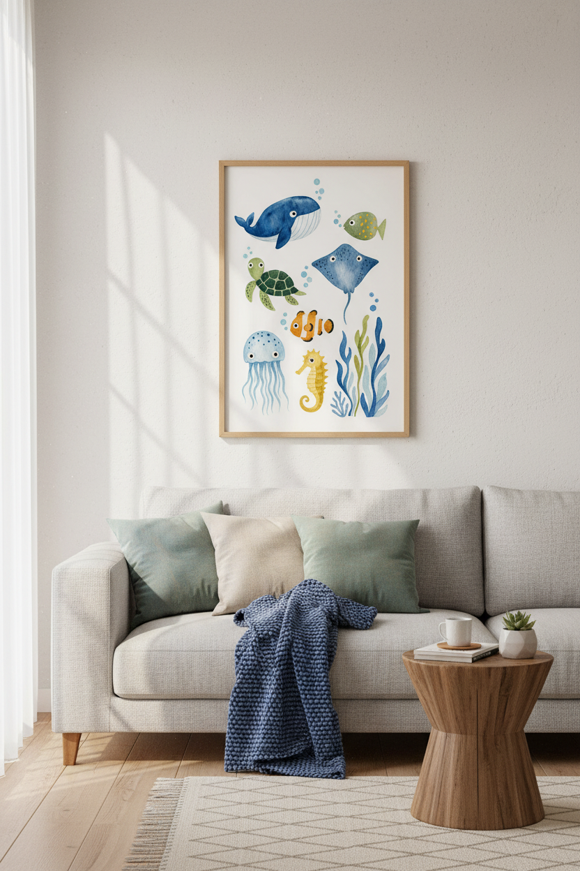 Watercolor Sea Animals Wall Art | Nursery Decor | Blue Coastal Poster