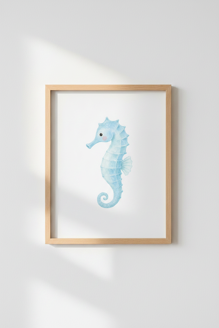 Watercolor Seahorse Wall Art Print | Nursery Ocean Decor | Blue Coastal Poster