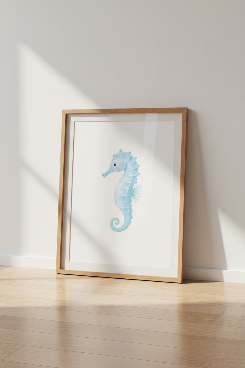 Watercolor Seahorse Wall Art Print | Nursery Ocean Decor | Blue Coastal Poster
