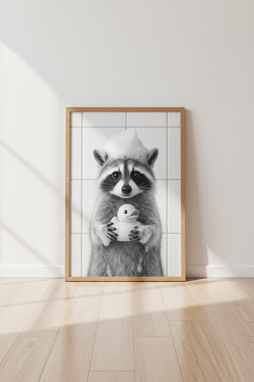 Raccoon Bathroom Wall Art | Black and White Animal Poster | Cute Whimsical Decor