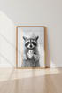 Raccoon Bathroom Wall Art | Black and White Animal Poster | Cute Whimsical Decor