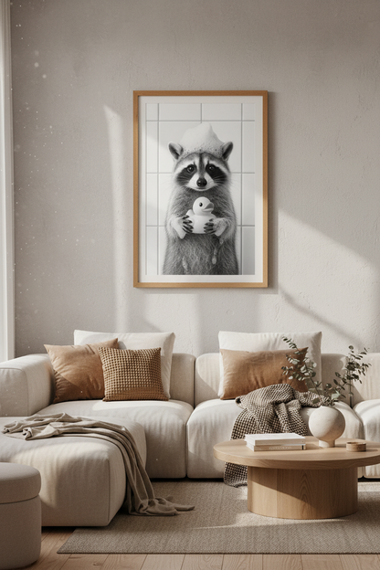 Raccoon Bathroom Wall Art | Black and White Animal Poster | Cute Whimsical Decor