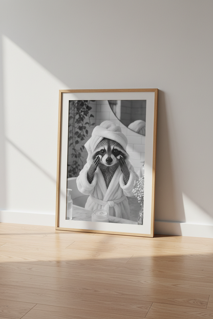 Raccoon Skincare Wall Art | Black &amp; White Animal Poster, Funny Bathroom Decor