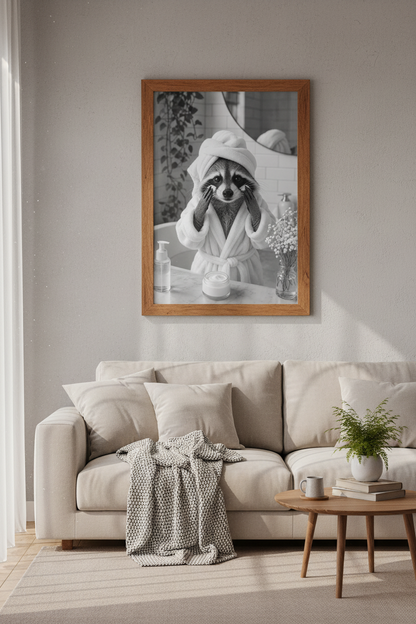 Raccoon Skincare Wall Art | Black &amp; White Animal Poster, Funny Bathroom Decor