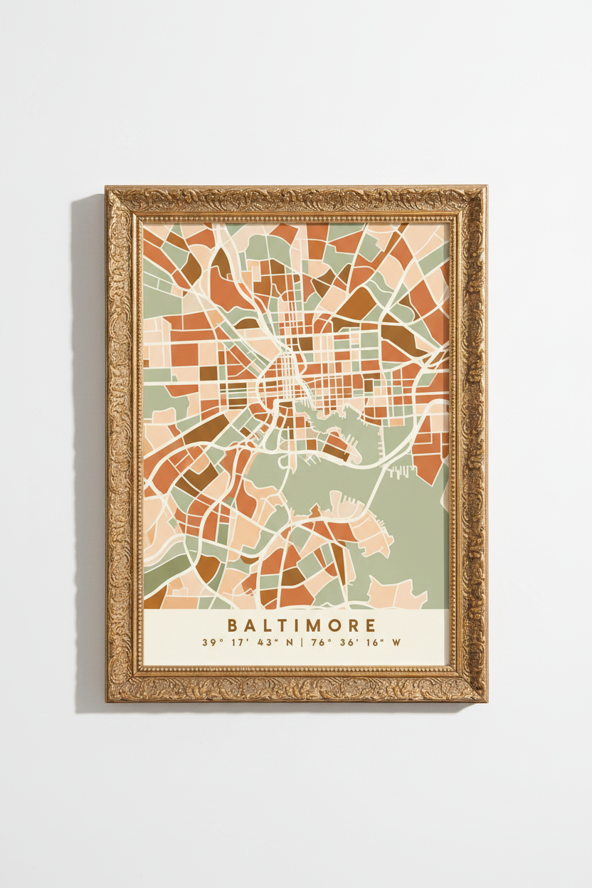 Baltimore map poster | Abstract skyline art, peach &amp; sage tones | Living room decor