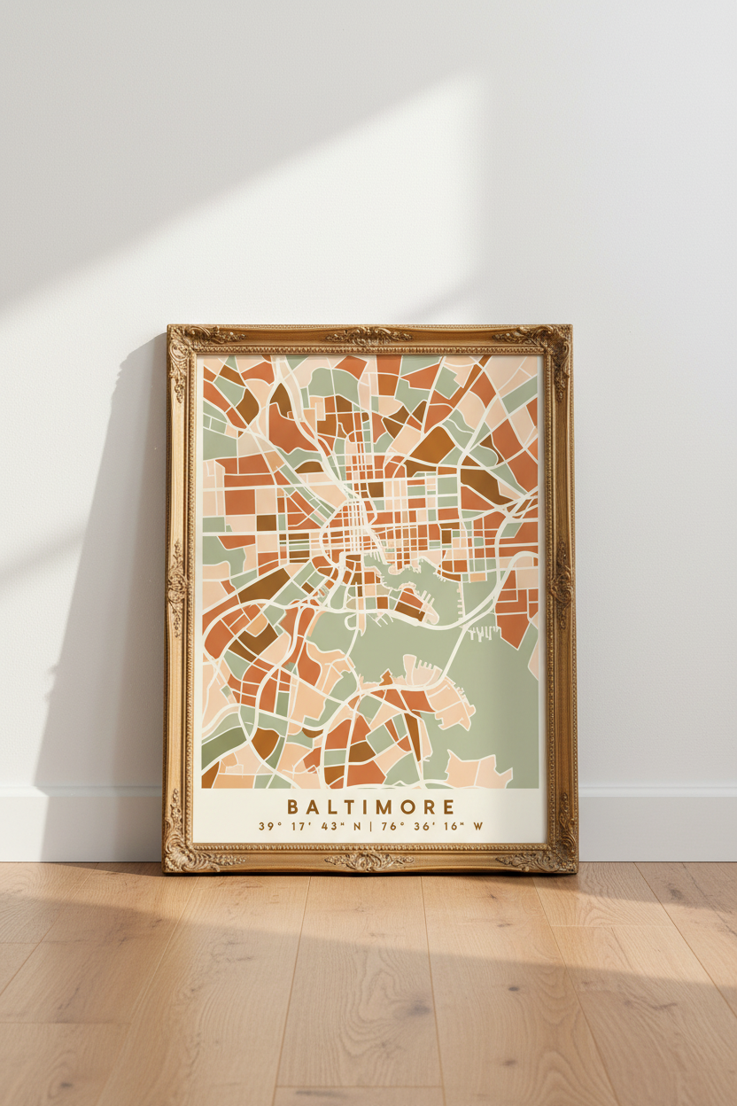 Baltimore map poster | Abstract skyline art, peach &amp; sage tones | Living room decor
